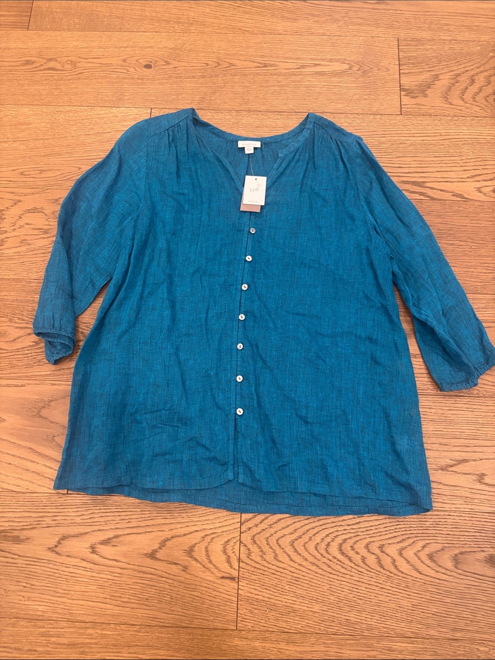 J. Jill Teal Button-Front Linen Blend Blouse